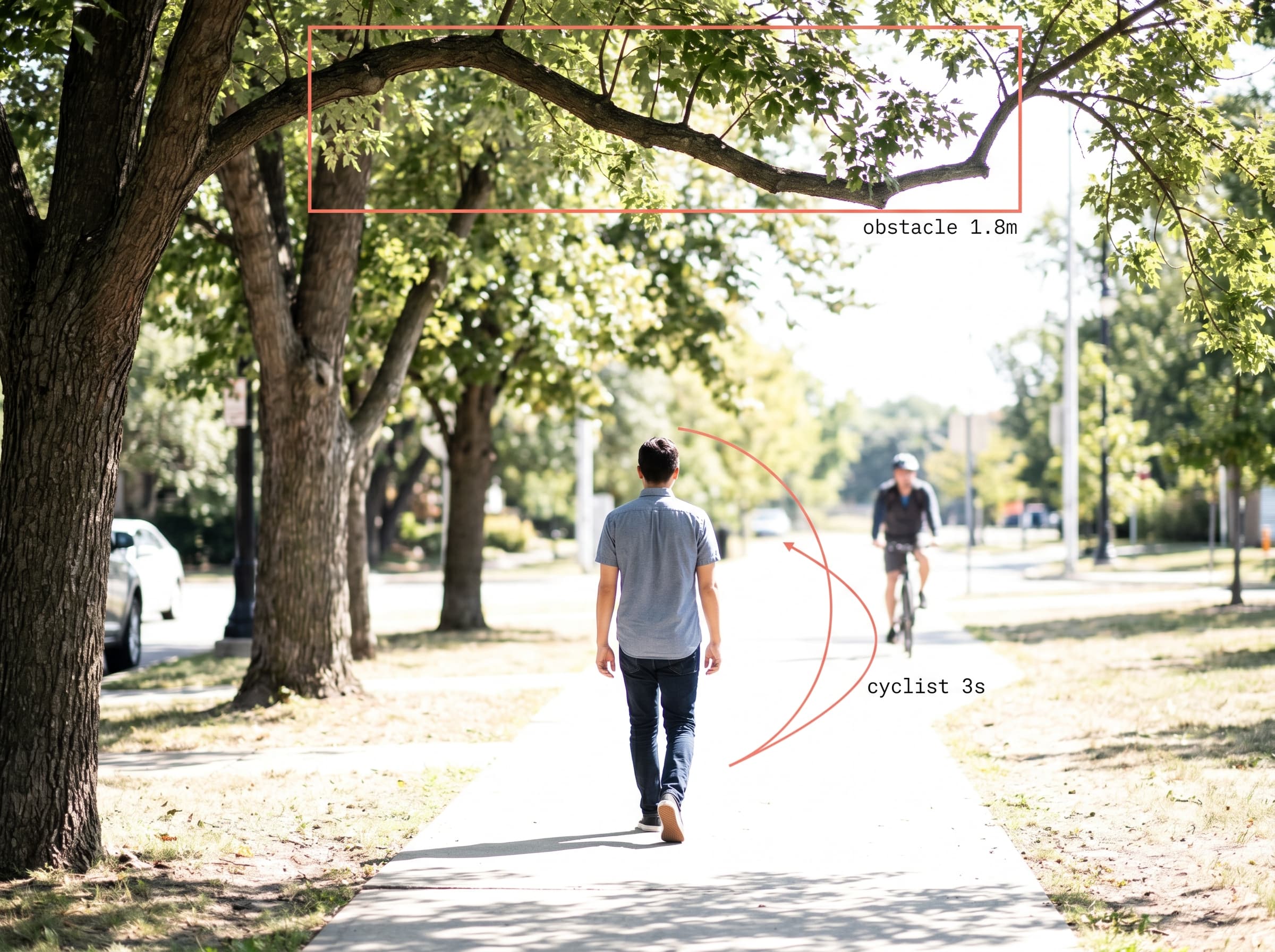 Same scene with Accorto overlay highlighting branch and cyclist