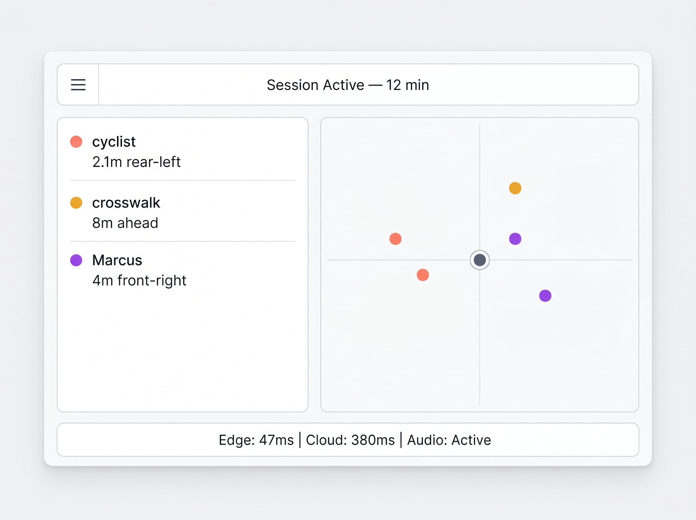 Accorto companion app showing live detection session with spatial map and event log